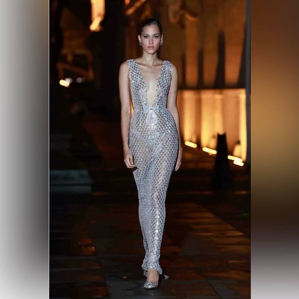 Bronx and Banco Silver Plunging Sequin Gown NWOT